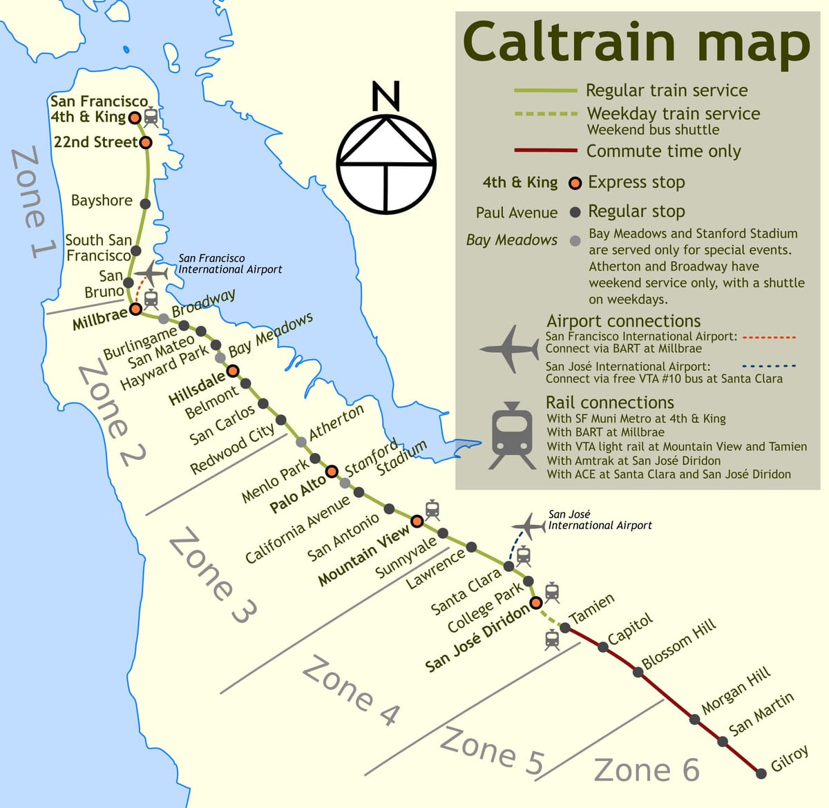 caltrain ನಿಲ್ಲುತ್ತದೆ ನಕ್ಷೆ